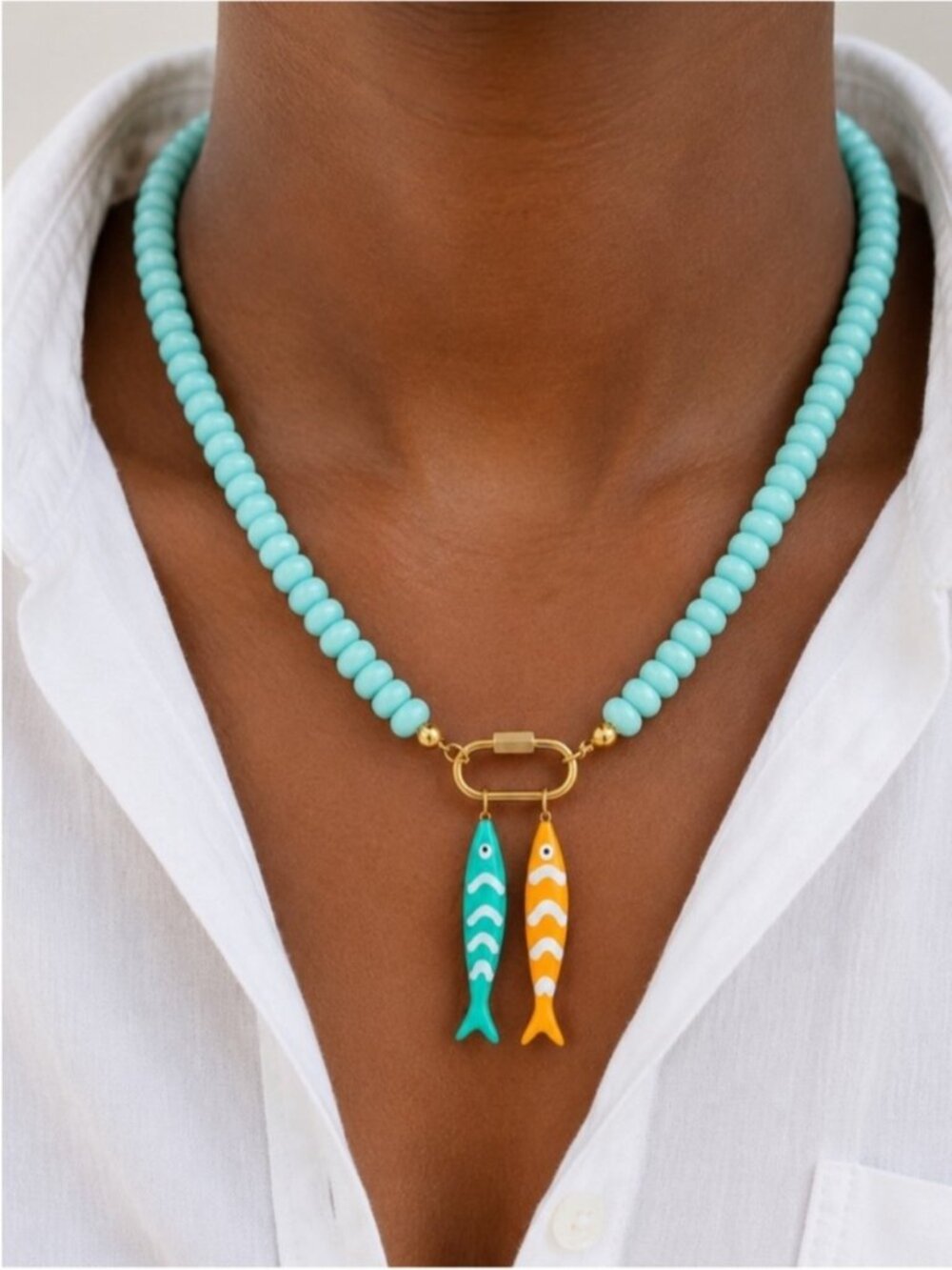 New! Coastal Colorful Beaded Fish Sardine Carabiner Necklace NWOT 5035